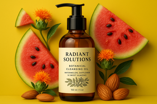Botanical Cleansing Oil - watermelon, safflower and sweet almond - with Radiant Solutions brand Label - yellow background