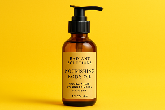 Nourishing Body Oil - main ingredients Jojoba, Argan , Evening Primrose and Rosehip - with Radiant Solutions brand Label - yellow background