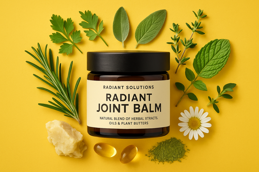 Radiant Joint Balm - main ingredients blend of herbal extracts, oils and plant butters - with Radiant Solutions brand Label - yellow background