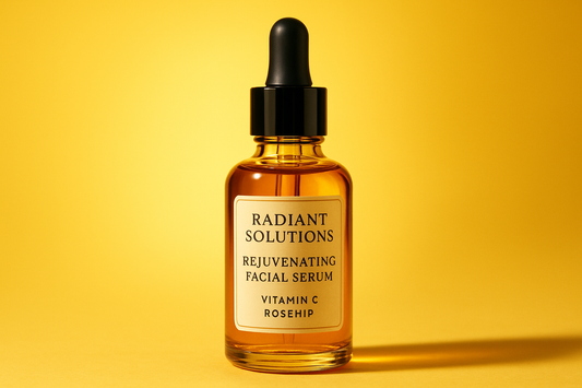 Rejuvenating Facial Serum bottle - main ingredients Vitamin C Rosehip - with Radiant Solutions brand Label - yellow background